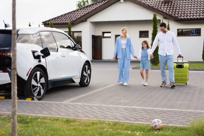 Familie verlässt das Haus und geht zum Elektroauto, das vor dem Mehrfamilienhaus parkt